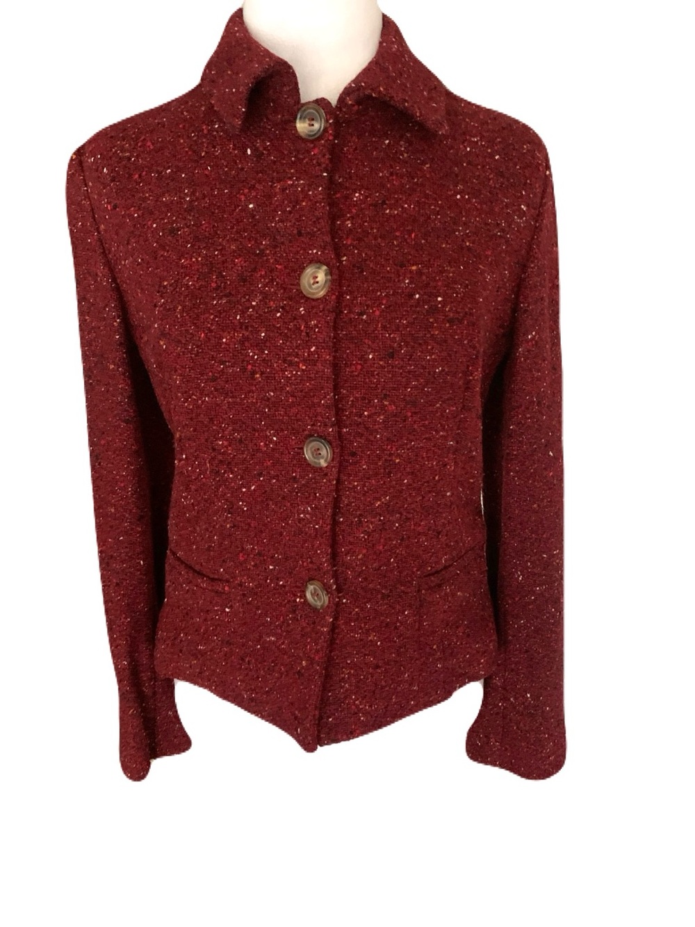 Piazza Sempione Women’s 38 Deep Red Tweed Fleck Button Front Wool Blend Jacket